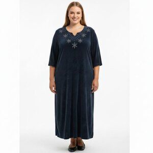 Quacker Factory Velvet Robe 1X Beaded Snowflake Teal Navy Blue Pockets‎ Modest